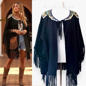 Alberto Makali Vintage NWT Black Beaded Fringe Cape Poncho Kimono Size Large